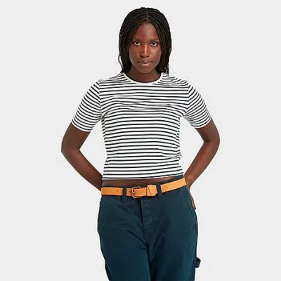 Timberland Women's Striped Cropped Short Sleeve T-shirt In Vintage White/dark Sapphire