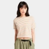 Timberland Women's Striped Cropped Short-sleeve T-shirt In Vintage White/light Wheat
