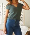 Time After Time Fitted Tee With V Neck In Dusty Sage In Black