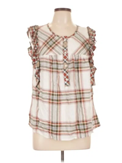 Pre-owned Time And Tru Tank Top Ivory Plaid Pattern Ruffles Neckline Tops In White