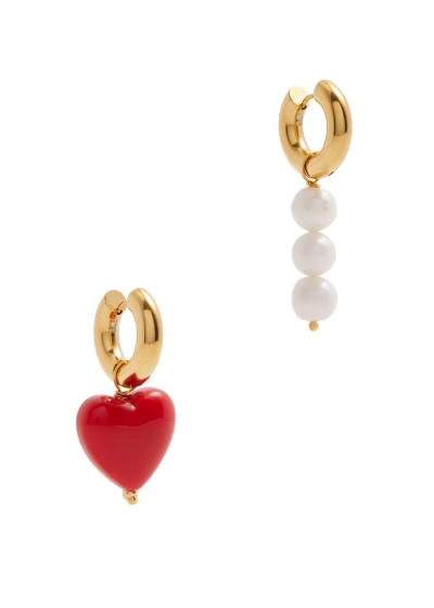 Timeless Pearly Asymmetric 24kt Gold-plated Hoop Earrings In Red