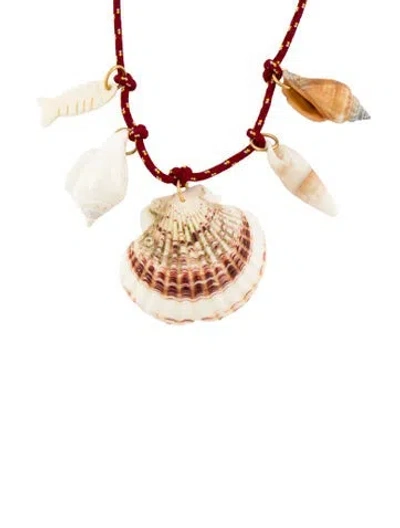 Pre-owned Timeless Pearly Cord & Shells Rope Pendant Necklace, 32" In Red/white/yellow