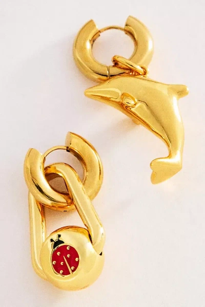 Timeless Pearly Dolphin Ladybug Pendant Hoop Earrings In Gold
