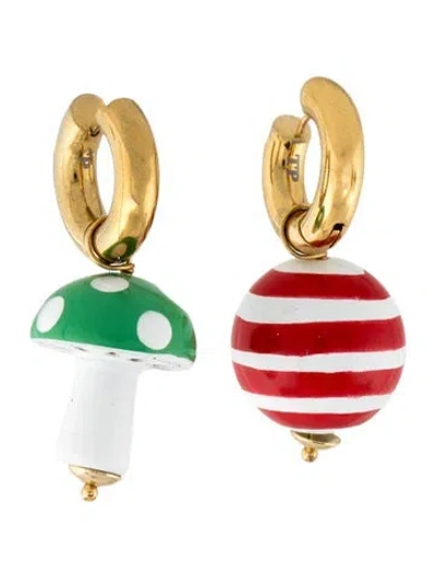 Pre-owned Timeless Pearly Enamel Mushroom Hoop Drop Earring In Green/red/white