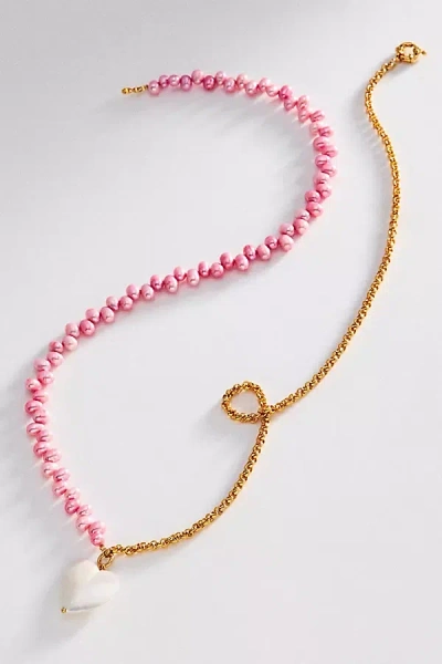 Timeless Pearly Pearl & Chain Heart Pendant Necklace In Pink