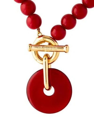 Pre-owned Timeless Pearly Resin & Bead Pendant Necklace, 17" In Red