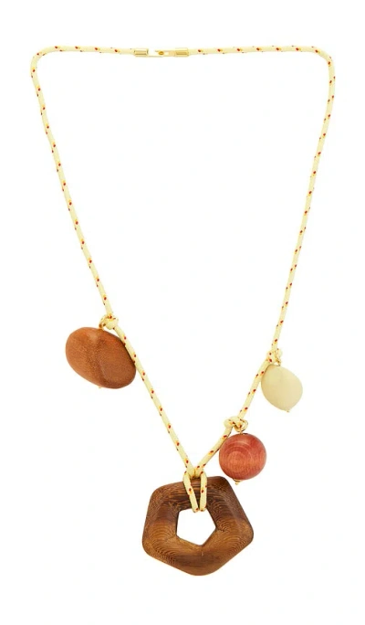 Timeless Pearly Wooden Charms Necklace In Brown