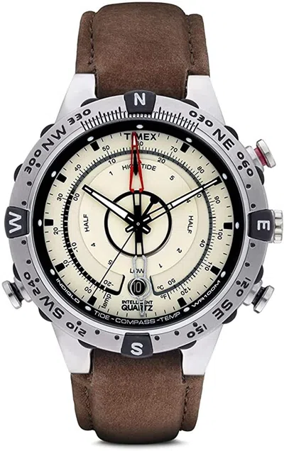 Pre-owned Timex - T2n721 - Quartz Compass Tide Temperature Silver Case Brown Strap - Watch