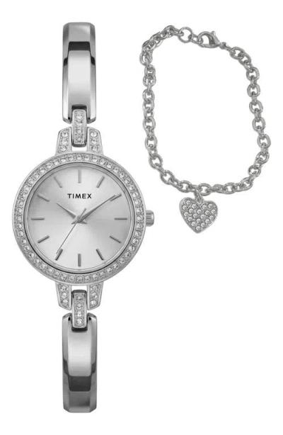 Timex ® Aveline Bracelet Watch & Charm Bracelet Gift Set, 28mm In Metallic