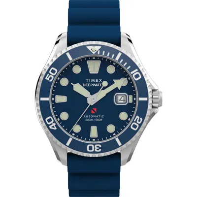 Timex ® Deepwater Meridian Automatic Rubber Strap Watch, 44mm In Blue