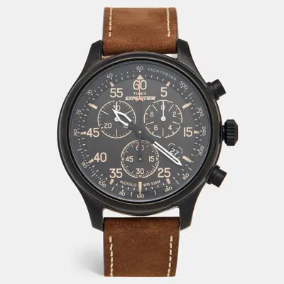 Pre-owned Timex Expedition Indiglo T49905 Brown Dial Metal Leather Men's Wristwatch 43 Mm