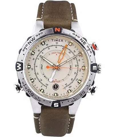 Pre-owned Timex Expedition North Tide-temp-compass Beige Dial Green Leather Watch Tw2v4...
