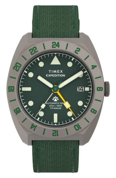 Timex ® Expedition Pioneer Titanium Gmt Automatic Webbing Strap Watch, 41mm In Green