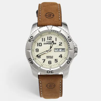 Pre-owned Timex Expedition T46681 Indiglo/luminous Green Dial Stainless Steel Leather Men's Wristwatch 40 Mm In Brown