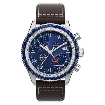 Pre-owned Timex Fly Back Chronograph X Pan Am 43mm Leather Strap Watch Tw2w97200