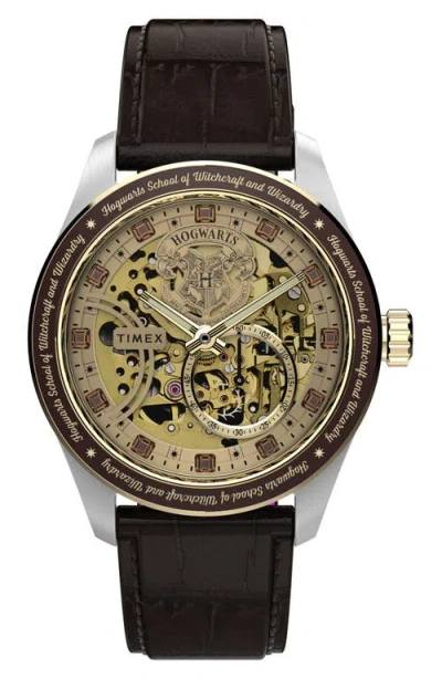 Timex ® Harry Potter X  Waterbury Skeleton Automatic 39mm Leather Strap Watch In Black