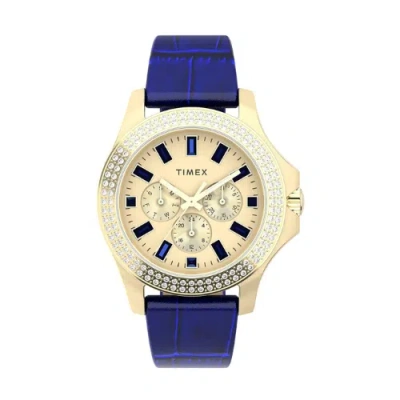 Pre-owned Timex Kaia Women's Blue Wrist Watch Tmtw2w10800uj Blue Leather Gold Case 40 Mm