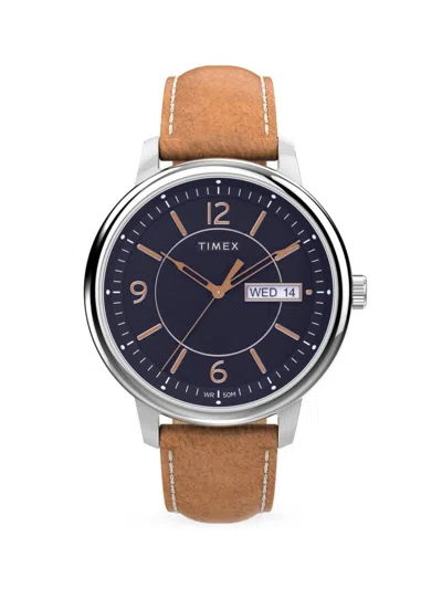 Timex Men's Chicago Leather Strap Watch In Tan Silvertone Blue
