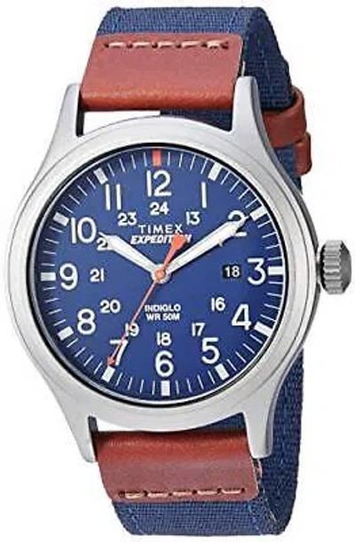 Pre-owned Timex Men's Tw4b14100 Expedition Scout 40mm Blue/brown/gray Leather/nylon Strap