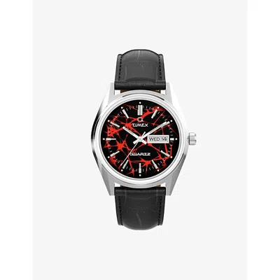 Timex Mens Black Q  Red Vega 1978 Reissue 38mm Leather Strap Stainless Steel Watch