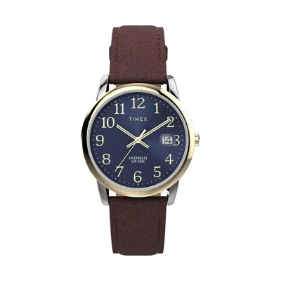 Timex Mens Easy Reader 35mm Watch - Brown Strap Blue Dial Silver-tone Case