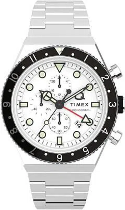 Pre-owned Timex Mens Wristwatch  Q Gmt Tw2v69900 Chrono Stainless Steel White