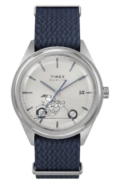 Timex ® Peanuts Marlin Jet Easy Rider Fabric Strap Watch In Blue