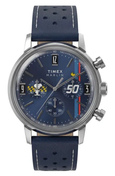 Timex ® Peanuts Marlin Racing Chronograph Leather Strap Watch In Blue