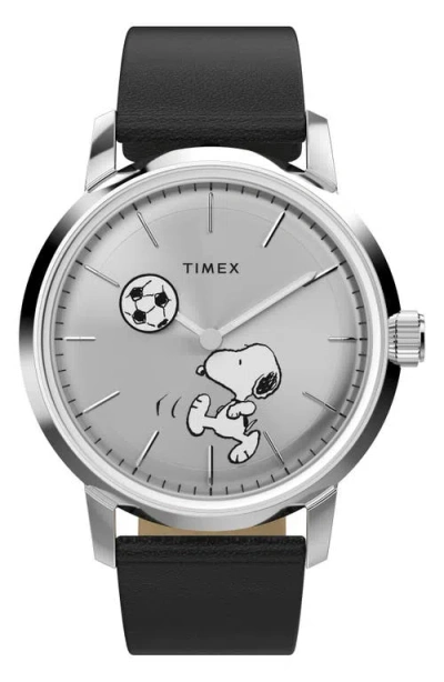 Timex ® Peanuts® X  Marlin® Automatic 40mm Leather Strap Watch In Black
