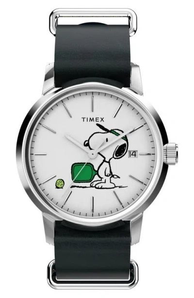 Timex ® Peanuts® X  Marlin® Automatic Pickleball 40mm Leather Strap Watch In White
