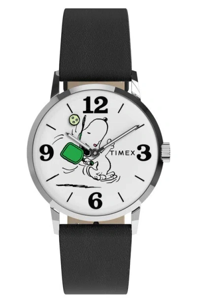Timex ® Peanuts® X  Marlin® Pickleball 38mm Leather Strap Watch In Black