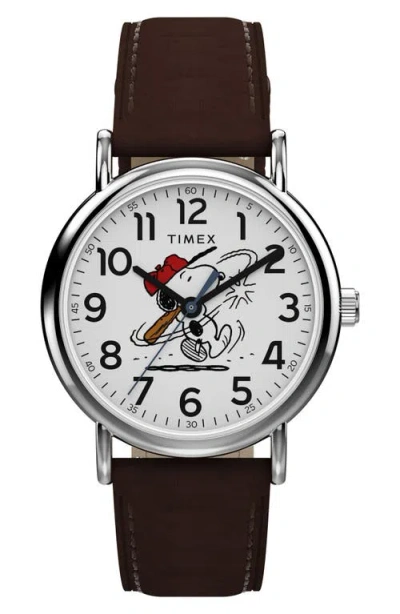 Timex ® Peanuts® X  Weekender Baseball 38mm Fabric Strap Watch In Pink