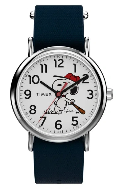 Timex ® Peanuts® X  Weekender Baseball 38mm Fabric Strap Watch In Blue