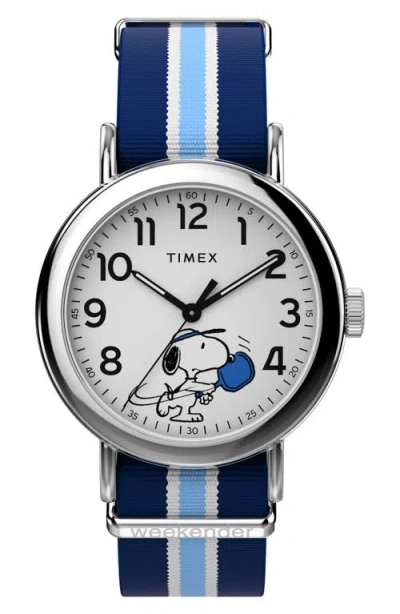 Timex ® Peanuts® X  Weekender Pickleball 37mm Fabric Strap Watch In Blue