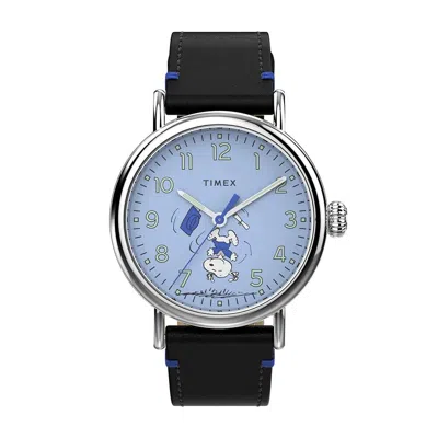 Pre-owned Timex Standard X Peanuts Blue Dial Black Leather Strap Men Watch Tw2v60300