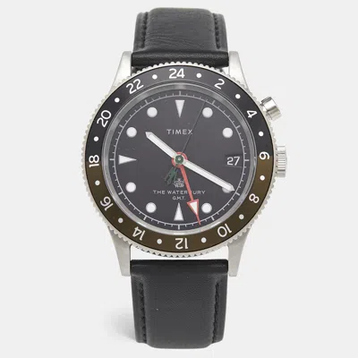 Pre-owned Timex The Waterbury Gmt Indiglo Tw2v28700 Black Dial Stainless Steel Leather Men's Wristwatch 42 Mm