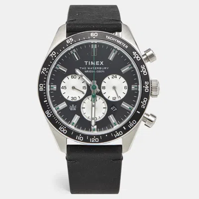 Pre-owned Timex The Waterbury Tw2v42500 Black Dial Stainless Steel Leather Men's Wristwatch 41 Mm