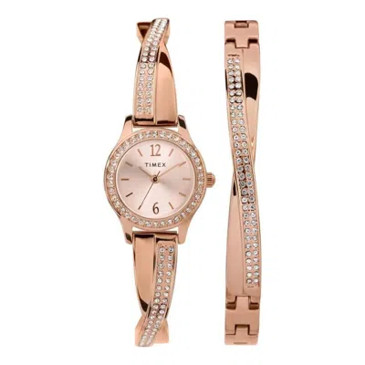 Timex Trend Quartz Crystal Rose Gold Dial Ladies Watch And Bracelet Set In Pink