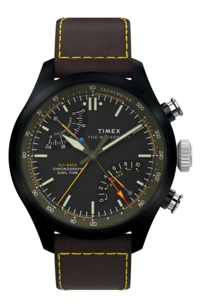 Timex ® Waterbury Ace Fly-back Chronograph Leather Strap Watch In Black