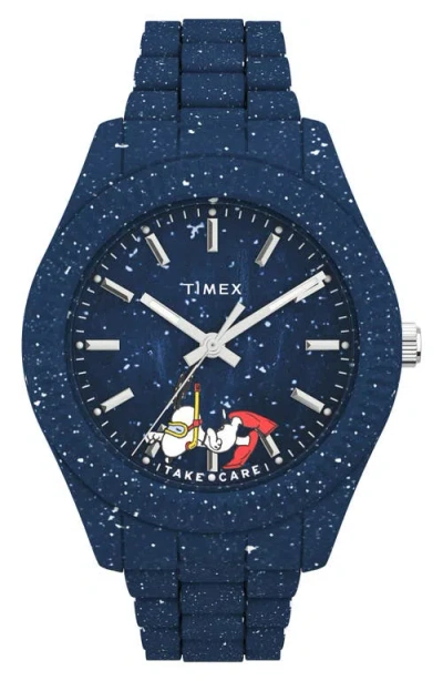 Timex ® Waterbury Ocean X Peanuts® Recycled Plastic Bracelet Watch, 37mm In Dark Blue/dark Blue
