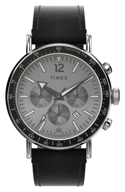 Timex ® Waterbury Standard Chronograph Leather Strap Watch, 43mm In Black