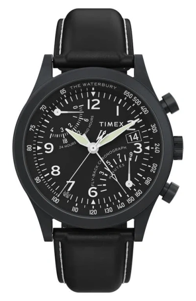 Timex ® Waterbury Traditional Fly Back Chronograph Leather Strap Watch, 43mm In Black