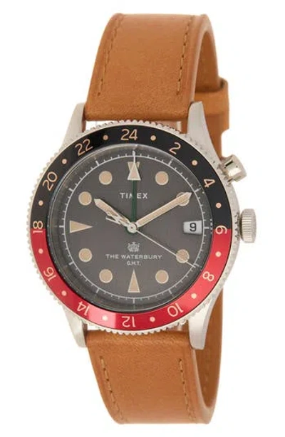 Timex ® Waterbury Traditional Gmt Quartz Leather Strap Watch, 39mm In Silver