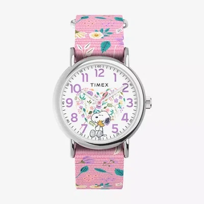 Timex Weekender 38mm Watch - Pink Strap White Dial Silver-tone Case Peanuts Womens Multicolor Strap Watch 