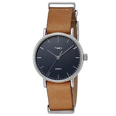 Pre-owned Timex Weekender Fairfield Watch Tw2p98300 37mm Navy Dial Leather Band Unisex