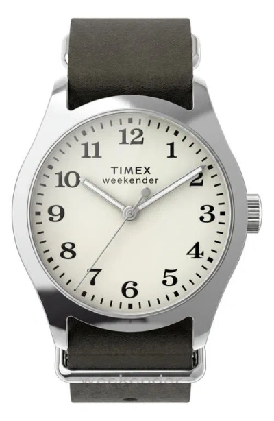 Timex ® Weekender Leather Strap Watch, 34mm In Green