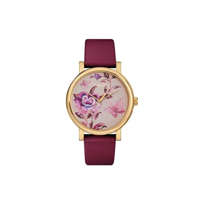 Timex Womens Full Bloom 38mm Gold-tone Case Pink Floral Dial Burgundy Leather Strap