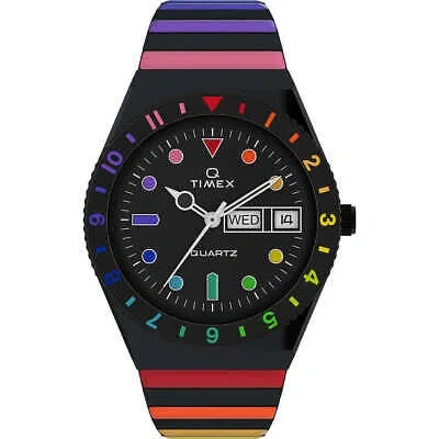 Pre-owned Timex Womens Wristwatch  Q Rainbow Tw2v65900 Elastic Steel Black