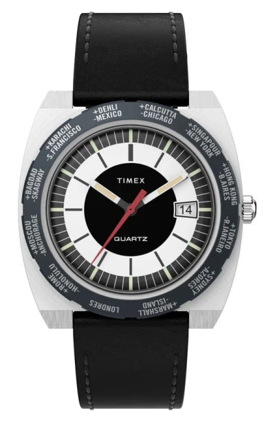Timex ® World Time Reissue Leather Strap Watch, 39mm In Black