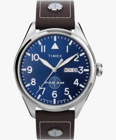 Pre-owned Timex X Pan Am Day-date 42mm Leather Strap Watch Twg030100